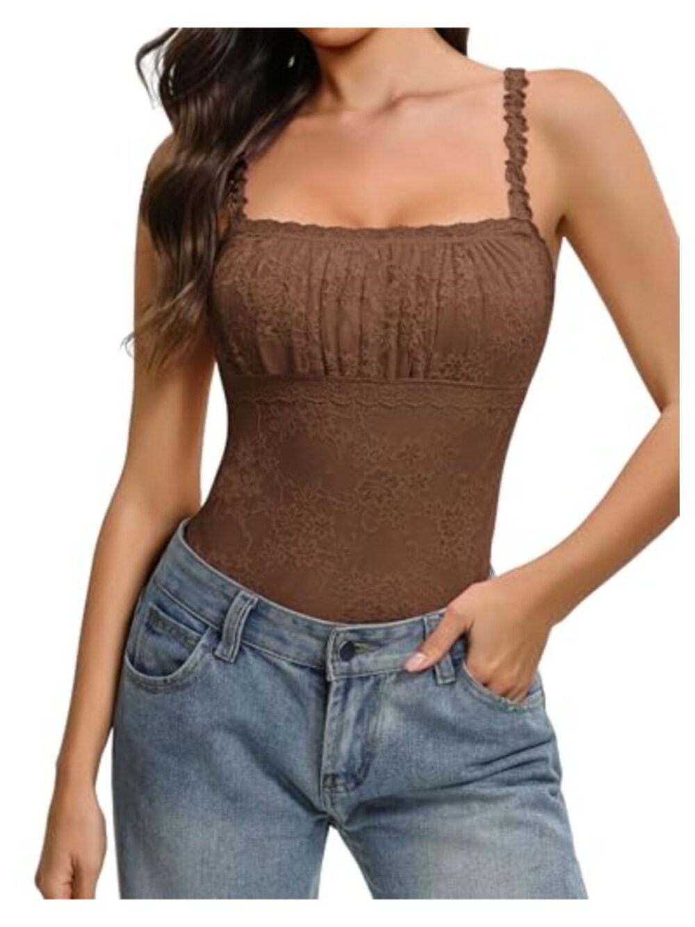 Lace Bodysuit Square Neck Sleeveless Thong Cami Top Y2K Going Out
